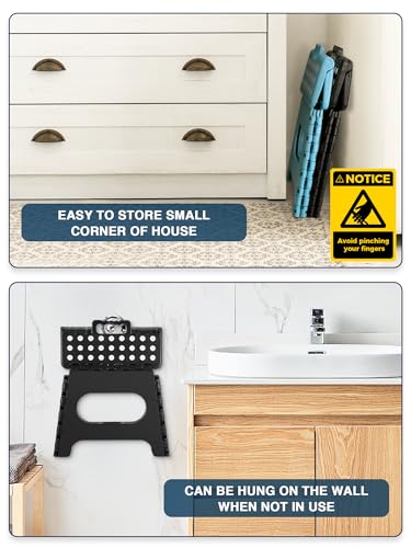 HOUSE DAY Klapphocker faltbar 27cm Schwarz, Stabiler Tritthocker Klappbar mit Anti-Rutsch-Füßen & Tragegriff, Platzsparend Hocker Klappbar, 150kg Belastbarkeit für Küche, Bad, Kindzimmer, Camping