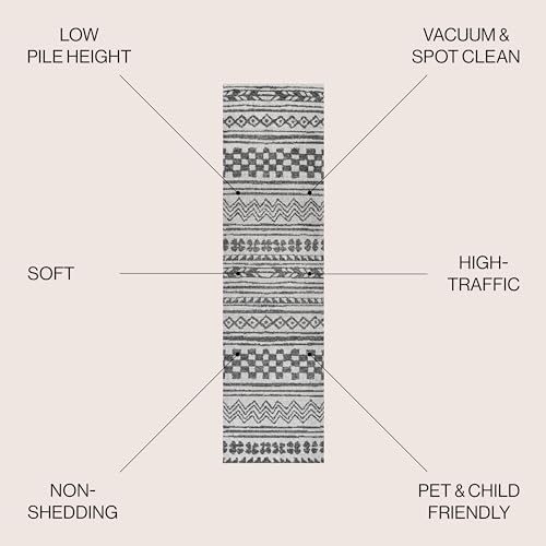 Image of JONATHAN Y Imlil Tribal Stripe Light Gray /Cream Runner Rug, 2x10, Geometric, Bohemian, Casual, Easy-Cleaning for Living Room, Bedroom, Kitchen, Pet Friendly, Non-Shedding (MOH303A-210)