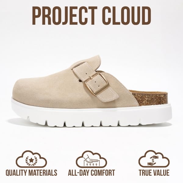 Project Cloud Genuine Leather Platform Clogs for Women Footwear - Memory Foam Arch Support Cork Footbed Casual Shoes & Mules for Women 2025 (Benton Chunky)