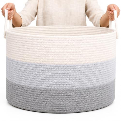 Image of OrganiHaus Round Toy Basket & Blanket Basket, Cotton Rope 20x13 inch | 3-Toned Gray - Round Cotton Rope Basket, 20x13 inch