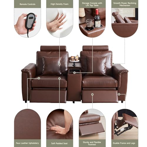 Image of RARZOE Modular Sofa Console Module with Storage, Faux Leather Storage Console with Table &USB Port&Cup Holder, Modular Sectional Sofa Module for Living Room Home Theater,Brown