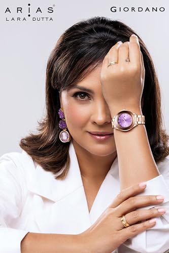 Image of Giordano Arias Lara Dutta Signature Collection Analog Quartz Watch for Women Round Sunray Dial Crystal Hour Markers, Date Display & Stainless Steel Strap