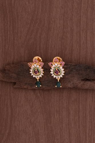 Image of Radha's Creations brass Ruby Emerald stud earrings one gram gold for women and girls one gram gold
