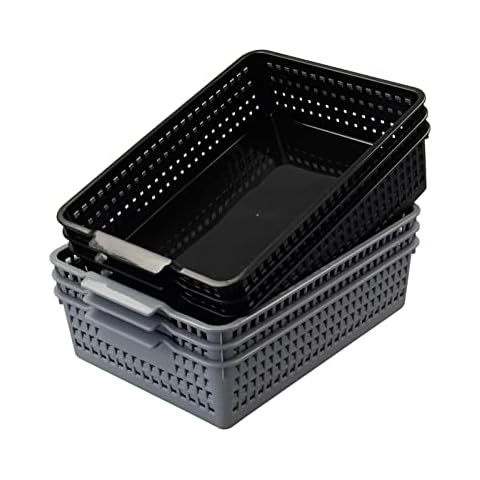 Ponpong Plastic Flat Storage Basket, Plastic Paper Storage Basket Tray, 6 Pack Cover
