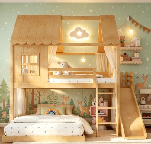 Image of Bellemave Bunk beds Full Over Full with Slide,Ladders,Bookshelf and Wardrobe House roof Design, Low bunk /loft Bed for Kids, Natural