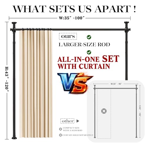 Image of Room Divider Curtain Set-No Drilling Curtain Rod Set, Retractable Room Divider, Adjustable for Office Bedroom, Easy Install Beige-100 W x 84 inch L(Pack of 1)
