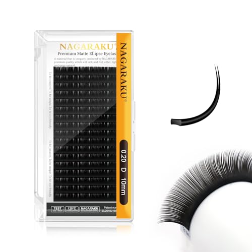 NAGARAKU Double Tips Ellipse Eyelash Extensions Lighter Thinner Flat Split Tips Individual Lash 0.20mm D curl 10mm Matte Black Faux Mink Classic False Lash Supplies 16 Rows