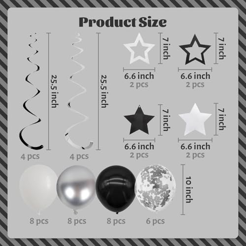 Image of ZHENGYE Black Birthday Party Decorations Set: Happy Birthday Banner, Circle Dots, Stars Swirls Streamers, Black, White & Silvery Balloons, Confetti Balloons