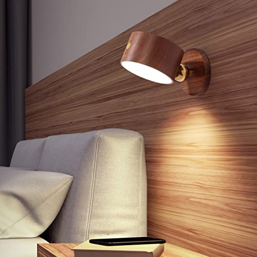 Leapair Wooden LED Wall Sconce, Wall Mounted Lamp,Wooden Night Light with Rechargeable Battery Operated 360°Rotate Magnetic Ball, Cordless Wall Light for Reading - Image 4