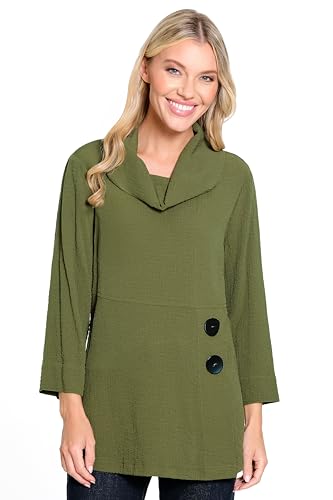 Image of Ali Miles Women's Woven Pucker Fabric Tunic Cowl Neck Button Details