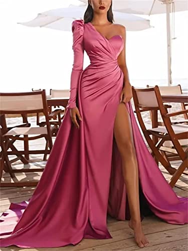 One Shoulder Prom Dresses 2023 Long Mermaid Long Sleeve Satin Split Formal Evening Party Gown for Wedding2