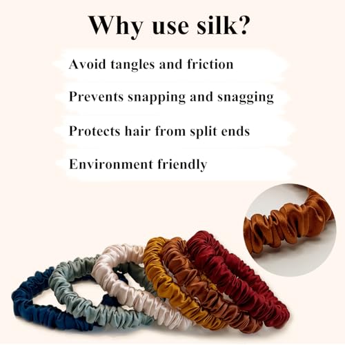 Image of VLOMOT 6 Pcs Set 100% Pure Mulberry Silk Hair Scrunchies Hair Ties with 6 Chic Colors Everyday Skinny Scrunchies Silk Ponytail Holders Hair Care No Damage (Vintage)