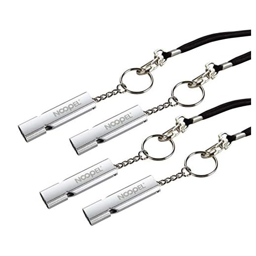 Noopel Emergency Whistles Lifeguard Safety Whistle with Lanyard and Keychain for Outdoor Camping Hiking Boating Hunting Fishing Kayak Kids Rescue Signaling Loud Survival Whistle (4 Pack Silver)