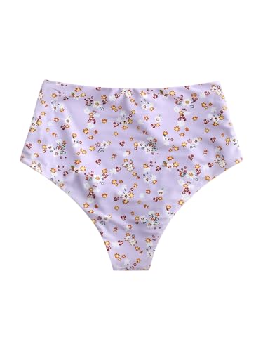 Image of ZAFUL Women High Waisted Bikini Bottoms Ruched Swimsuit Bottom Tummy Control Bathing Suit Bottoms Purple Floral L