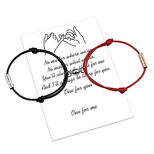 Customize Attraction Rope Braided 2pcs Bracelets with Magnetic Bells 4 Sides Engraved Perfect Jewelry Gift for Couple,Familier,Sisters,Bestfriends (Black and Red)