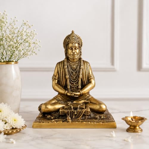 Image of Kartique Brass Ram Bhakt Hanuman Ji Idol for Home and Pooja | Bajrangbali Murti in Meditation Gold Color Height 7.5 Inch