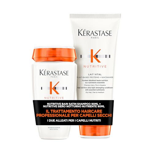 Kérastase, Nutritive, Routine Nutriente Per Capelli Secchi, Con Nutrienti Essenziali, Idrantante e Districante, Shampoo Bain Satin + Balsamo Lait Vital