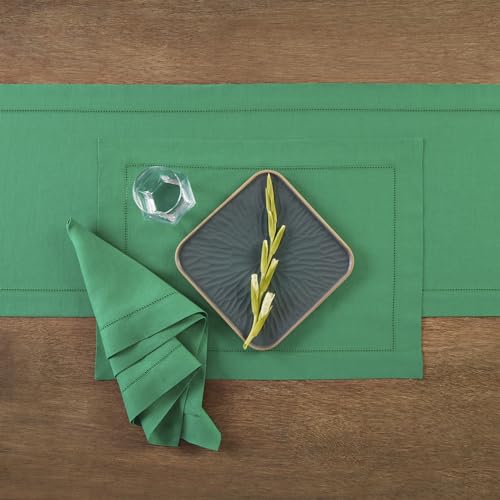image for Solino Home Linen Emerald Green Hemstitch Table Runner 60 Inches - 100
