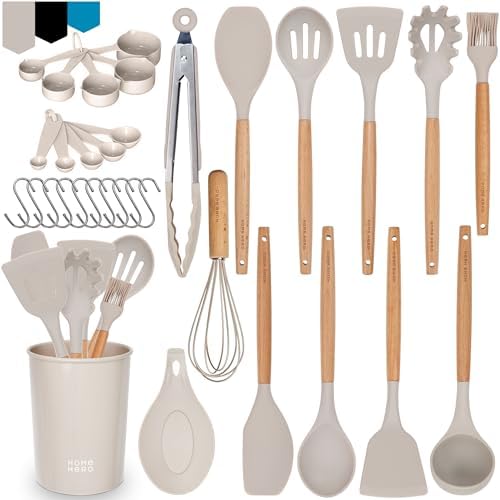 Home Hero Silicone Kitchen Utensils Set, Non-Stick Silicone Cooking Utensils Set with Spatula, Wooden Handle Spatula, Silicone Kitchen Gadgets Utensil Set (33 Pcs – Khaki)