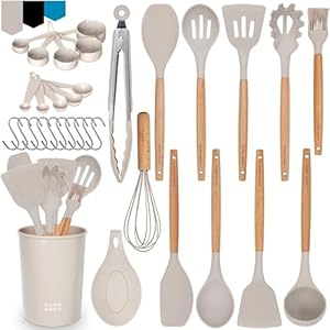 Home Hero Silicone Kitchen Utensils Set, Non-Stick Silicone Cooking Utensils Set with Spatula, Wooden Handle Spatula, Silicone Kitchen Gadgets Utensil Set (33 Pcs – Khaki)
