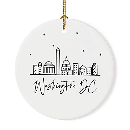 Andaz Press Round Ceramic Porcelain Christmas Tree Ornament, Washington, DC, Black and White Stars City Skyline, 1-Pack, Birthday Family Coworker, Includes Gift Box Washington DC Christmas Ornament