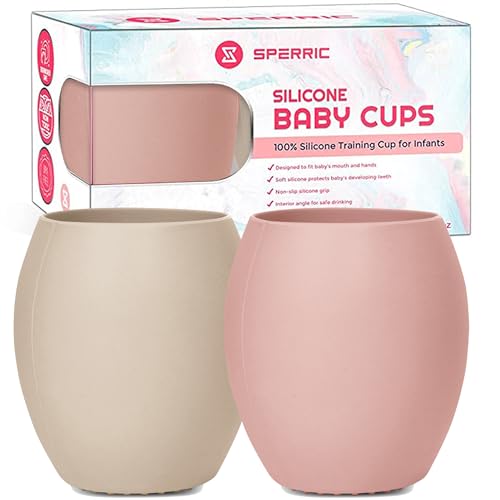 Image of Silicone Baby Cup - Toddler Training Cup - Open Cup for Baby Led Weaning 2 Pack of No Spill Sippy Baby Cups - Soft & Gentle on Gums BPA Free Silicone Baby Cups (Rose Quartz/Beach Sand)