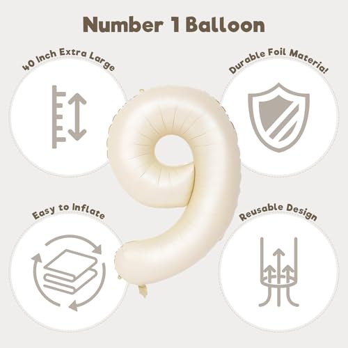 Image of Number Balloons for Birthday Decorations - 40 Inch Large Party Balloons 9, Cream Foil Number Balloons for Boys Girls, Balloons for Party Supplies