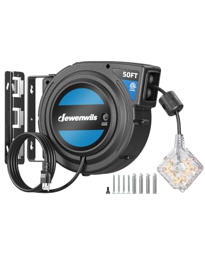 Image of DEWENWILS 50FT Retractable Extension Cord Reel, 6 Outlets,Integrated Switch | 14 /3AWG SJTOW, 180 Swivel Bracket Wall Mount, 13 Amp Circuit Breaker, ETL Listed