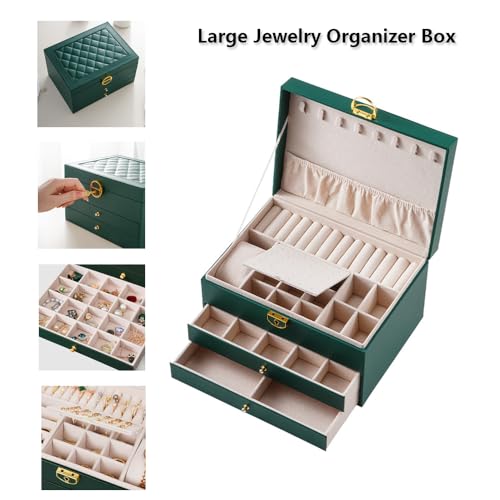 Image of GUOER Jewelry Box for Women Girl Wife 3 Layers Large PU Leather Jewelry Organizer Storage Case with Two Layers Display for Earrings Bracelets Rings Watches (Green)