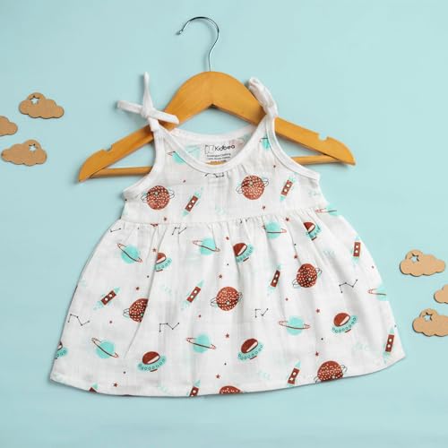 Image of Kidbea Muslin Frock for Baby Girls | Cotton Dress for Newborn Babies | Sleeveless, Tie-Up Shoulders Summer Wear Clothes