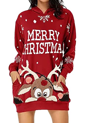 TYQQU Mujers Sudaderas Largas con Capucha Bolsillo Manga Larga Estampado De Reno De Navidad Tops Rojo 3XL Cover