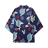 Tomwell Herren Japanischen Kimono Cardiqan Bademantel Morgenmantel Robe Dreiviertel-Ärmel Mit Lockerem Yin Yang und Drachen Drucken Unisex Lose Bluse Sommer Tops T Blau3 XL