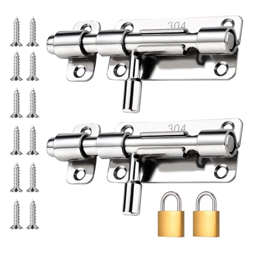 SUUFRUE Pestillo de puerta, 2 piezas de acero inoxidable 304, pestillo deslizante con dos cerraduras para puertas y ventanas, cerrojo de acero inoxidable 304 para bloquear puertas interiores y