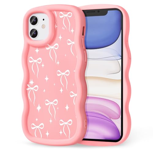 CASBST Compatible with iPhone 11 Phone Case for Women Girls, Curly Wavy Frame with Cute Pattern, Aesthetic Slim Soft Silicone TPU Bumper Shockproof Phone Case for iPhone 11 - Bowknot Star