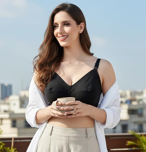 Image of Elina Women's Cotton Non Padded Non-Wired Regular Bra (RM-Dove Black 42)
