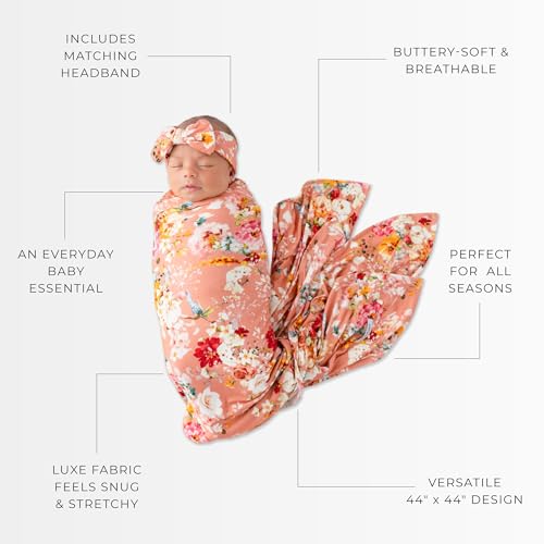 Image of Posh Peanut Swaddle Blanket & Headband Set - Viscose from Bamboo Stretchy Baby Swaddle for Newborn Girls, Receiving Blanket or Nursing Cover