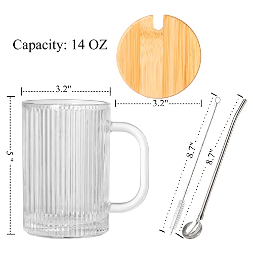 Glass Coffee Mugs Tea Cups - 14 Oz Glass Mug With Lid Set Of 4 Ribbed Vintage Mugs With Straw Spoon Vertical Stripes Clear Mugs - Elegant Gift For Wedding Housewarming Christmas Birthday #TOP1