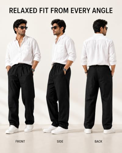 Image of Linen Pants for man || Relaxed Fit Casual Trousers for Men || Men's Lightweight Breathable Pants || Elastic Waist with Drawstring || All Season Pant for Regular, Travel & Office Wear