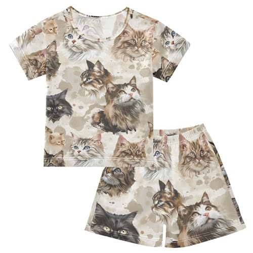 ALAZA Old Animal Cat Kitten Pajamas Short Sleeve 2 Piece Sleepwear Top and Bottom Pajama Set Unisex