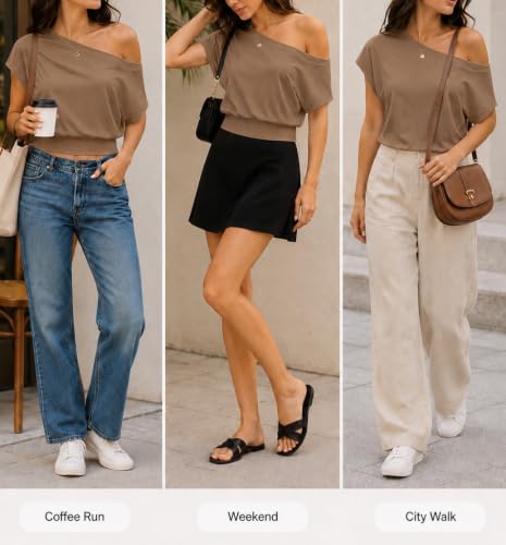 Image of SOFIA'S CHOICE Women's Off The Shoulder T Shirt Crop Top Casual Summer Dolman Sleeve Asymmetrical Cinched Waist Tops