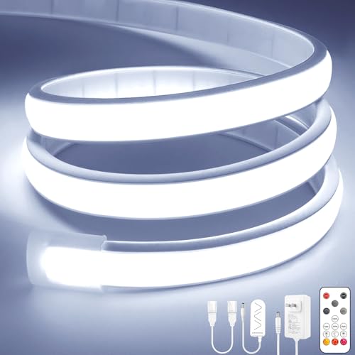 Image of Lamomo COB LED Strip Lights, 32.8Ft White Dimmable Self-Adhesive Led Rope Light with Remote, Flexible Cuttable Waterproof 6000K Silicone Neon Tape Light for Bedroom,Indoor, Cabinet, 10mm Width