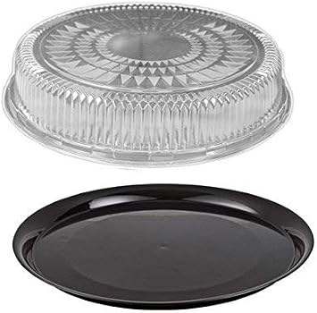 Durable Packaging 12" Flat Black Plastic Catering Tray w/Dome Lid 10 Sets - Disposable Party Trays Pack of 10