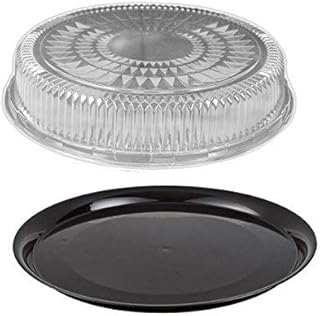 Durable Packaging 12" Flat Black Plastic Catering Tray w/Dome Lid 10 Sets - Disposable Party Trays (Pack of 10)
