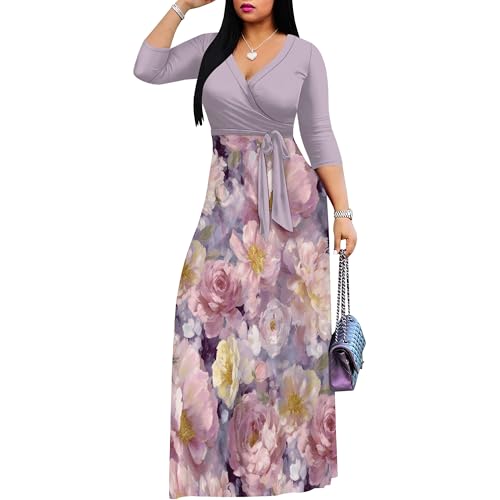 Image of Women's V Neck Floral Maxi Dress 3 /4 Sleeve Plus Size Boho Wrap Flowy Long Dresses with Belt