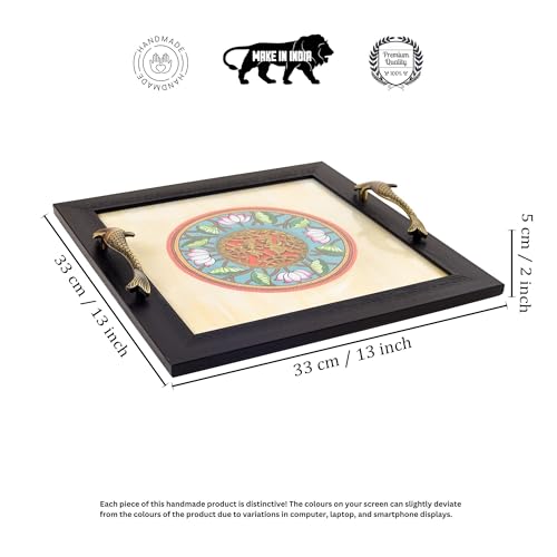 Image of Aakriti Art Creations Fusion Serenity Madhubani-Dhokra Tray, Serving Platter Beige | Matte Finish, Handcrafted Metal & Wood Tray with Handles | Tray for Kitchen Decor & House Warming Gifts