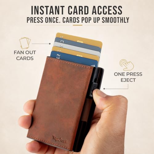Image of TopMost Genuine Leather Pop Up Wallet for Men, Credit Card Holder, RFID Blocking Ridge Wallets for Men with ID Window, Slim, Minimalist, 5-9 Card Capacity & Cash Slot