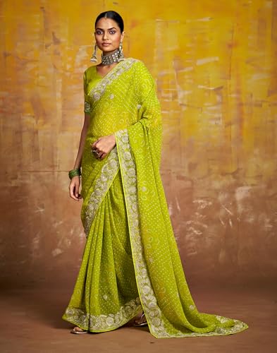 Image of SIRIL Women's Bandhani Printed Georgette Sequence Lace Scalloped Border Saree with Unstitched Blouse Piece