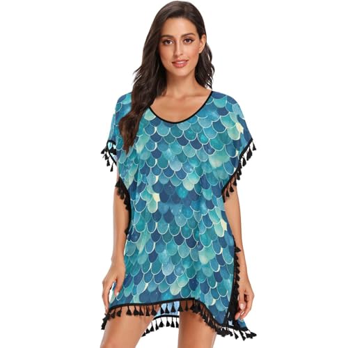 FRODOTGV Traje de baño para mujer, diseño de escamas de sirena con purpurina, color verde azulado, Patrón de escamas de sirena verde azulado con purpurina, S