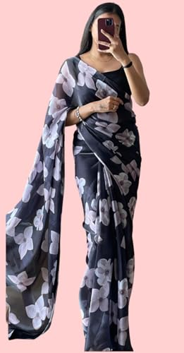 Image of StyleScope Women's Georgette Printed Lace Bordered Ready To Wear One Minute Saree With Print Unstitched Blouse Piece (RTW Mix Free Size)