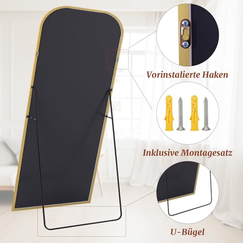 BEAUTYPEAK 180x70 cm Minimalistische Rahmen Standspiegel, Ganzkörperspiegel zur Wandmontage oder Freistehend, Bruchsichere Linse, Großer Wandspiegel für Schlafzimmer, Flur, Wohnzimmer Gold